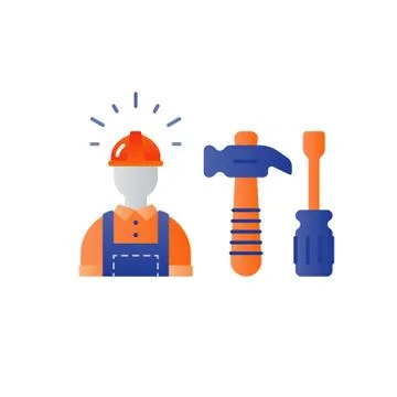 Labor workforce, construction worker in helmet, work tools 스톡 일러스트