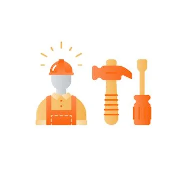 Labor workforce, construction worker in helmet, work tools Illustrazione stock
