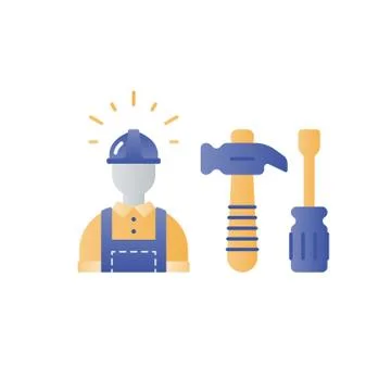 Labor workforce, construction worker in helmet, work tools Stockillustratie