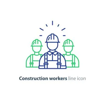Labor workforce, construction workers group in helmet, three builders Illustrazione stock