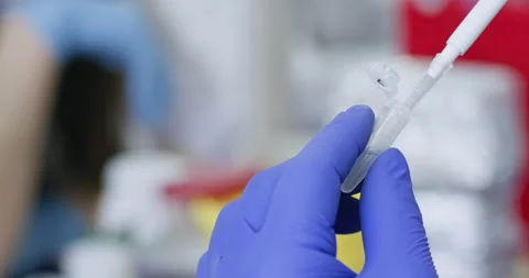Laboratorian prepares specimen of bio material for test Stockbeeldmateriaal 274638466