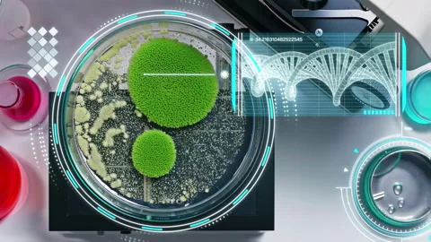 Laboratory analysis of algae samples with a futuristic DNA interface Stock Footage 312878375