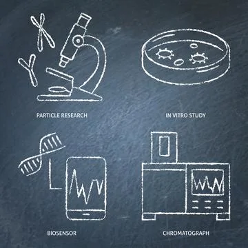 Laboratory analysis and diagnostics chalkboard icon set Stock Illustration
