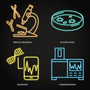 Laboratory analysis and diagnostics neon icon set Stock Illustration
