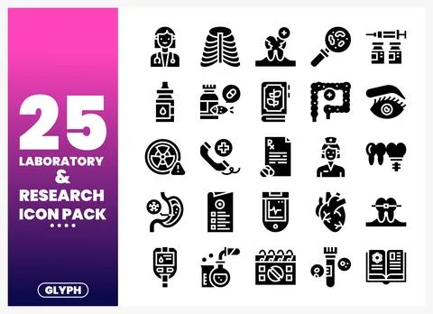 Laboratory and research icon pack with diverse icons. Stock Illustration
