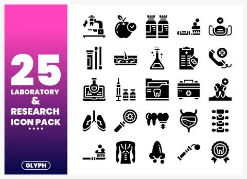 Laboratory and Research Icon Pack Microscope. Apple. Pills. Toothbrush. DNA.. Stock Illustration