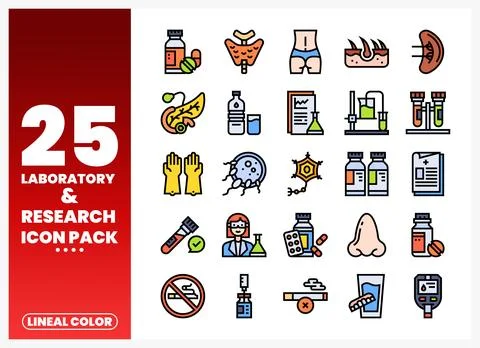 Laboratory and research icon pack with lineal color fill and clean white ba.. Stock Illustration
