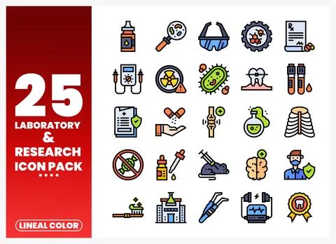 Laboratory and research icons presented on a red and white background Stock Illustration