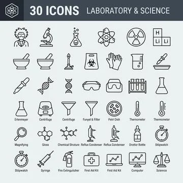 Laboratory and science icons set featuring equipment like microscope, DNA, .. Stock Illustration