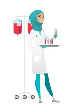 Laboratory assistant analyzing blood in test tube. 스톡 일러스트