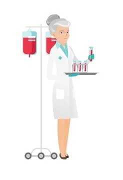 Laboratory assistant analyzing blood in test tube. 스톡 일러스트