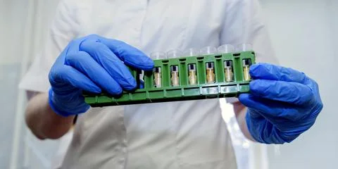 Laboratory assistant is analyzing fluid, gloved hand Stock Photos
