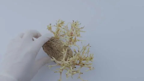 Laboratory assistant hand in glove puts sprouted potato on white table Stock Footage 256810167