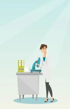 Laboratory assistant with a microscope. 库存插图