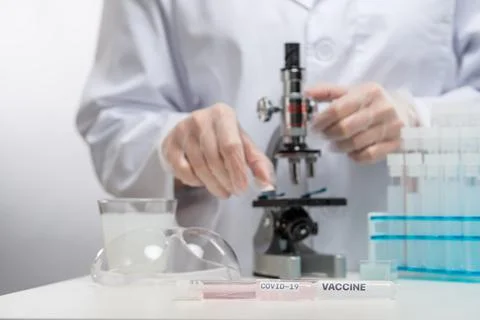 Laboratory assistant or microbiologist in protective gloves analyzes with mic Stock Photos