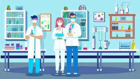 Laboratory Assistant. Scientists Young Doctors conducting research in a lab,  Stock Illustration