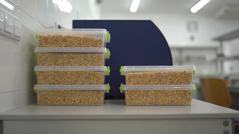 Laboratory assistant takes plastic boxes of grain for analysis in the laboratory Stock Footage 155730910