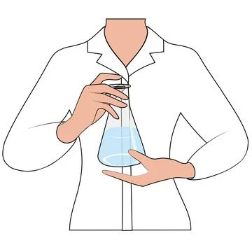 A laboratory assistant in a white coat holds a flask of liquid, close up Stock Illustration