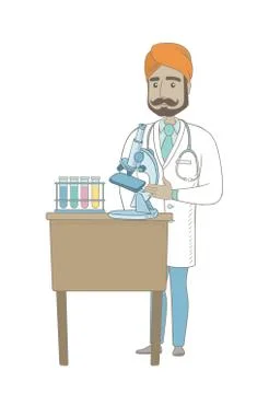 Laboratory assistant working with microscope. 库存插图
