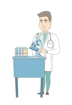 Laboratory assistant working with microscope. Stockillustratie