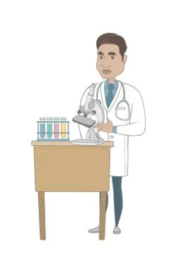 Laboratory assistant working with microscope. Illustrazione stock
