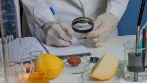 Laboratory assistant at the workplace makes notes in a notebook. Laboratory p Stock Photos