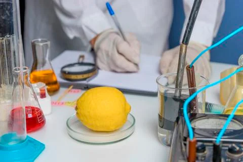 Laboratory assistant at the workplace makes notes in a notebook. Laboratory p Stock Photos