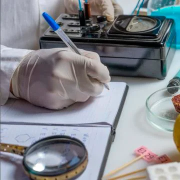 Laboratory assistant at the workplace makes notes in a notebook. Laboratory p Stock Photos