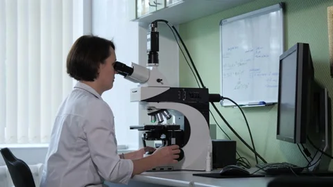 Laboratory assistant works behind a microscope Видео 92472624