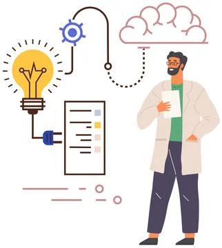 Laboratory assistant works with research creative plan, create idea of new Ilustración de archivo