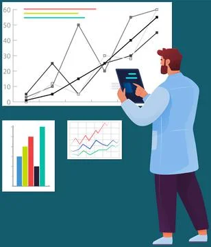Laboratory assistant works with research creative test results, analyzes Illustrazione stock