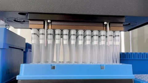 Laboratory automated liquid handling system, robotic arm with multiple pipette 스톡 동영상 278359743