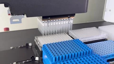 Laboratory automated liquid handling system, robotic arm with multiple pipette Stock Footage 278359787