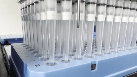 Laboratory automated liquid handling system, robotic arm with multiple pipette Stock Footage 278360335