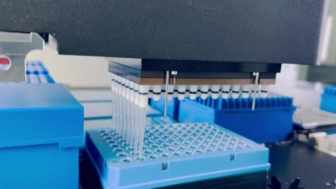 Laboratory automated liquid handling system, robotic arm with multiple pipette 스톡 동영상 278360704