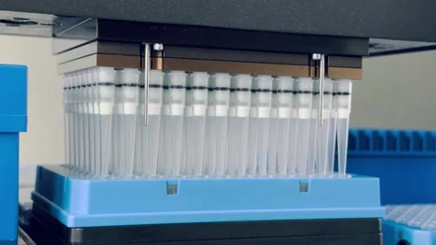Laboratory automated liquid handling system, robotic arm with multiple pipette Stock Footage 279089361