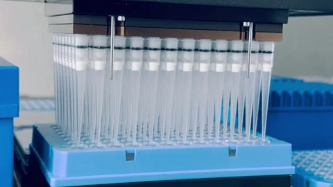 Laboratory automated liquid handling system, robotic arm with multiple pipette Stock Footage 279851863