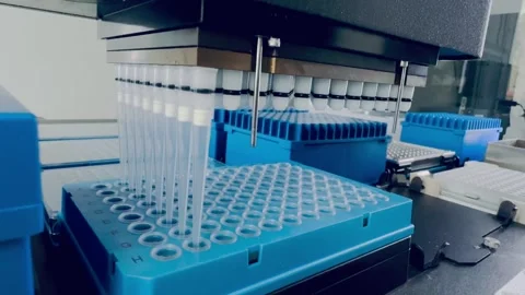 Laboratory automated liquid handling system, robotic arm with multiple pipette Stock Footage 281552747