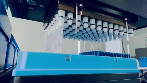 Laboratory automated liquid handling system, robotic arm with multiple pipette 스톡 동영상 282795136