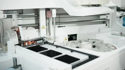 Laboratory automation system with robotic arm transferring sample plates in a Stock Footage 334884670