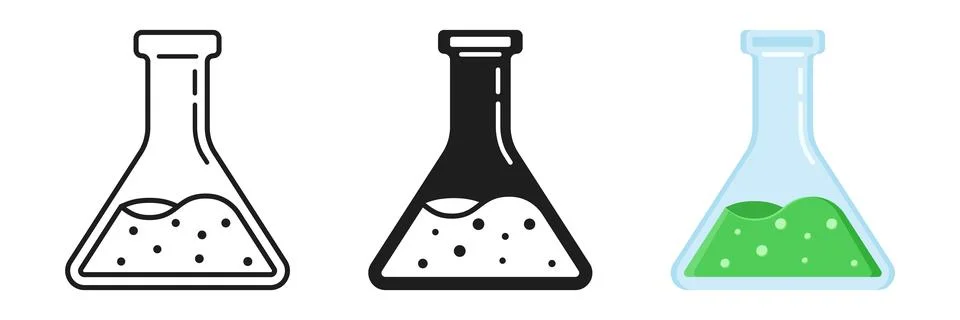 Laboratory beaker icon set collection in flat style. Flask with liquid vect.. Stock Illustration