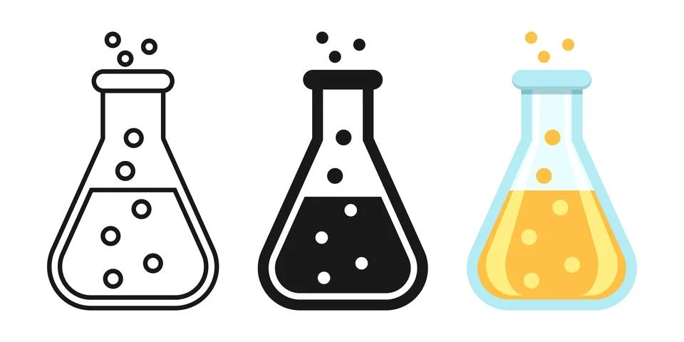 Laboratory beaker icon set collection in flat style. Flask with liquid vect.. Stock Illustration