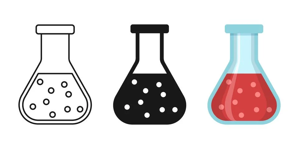 Laboratory beaker icon set collection in flat style. Flask with liquid vect.. 库存插图