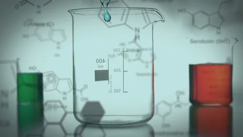 Laboratory beakers with data and structural formula of chemical compounds in the Video stock 114907443