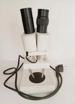 Laboratory binocular stereo microscope for scientific observation. Fotos de archivo