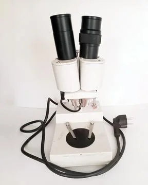 Laboratory binocular stereo microscope for scientific observation. Fotos de archivo