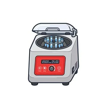 Laboratory centrifuge with open lid, test tubes inside, and digital display s Иллюстрация