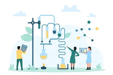 Laboratory chemistry experiment of tiny scientists, chemists using scientific Stock Illustration