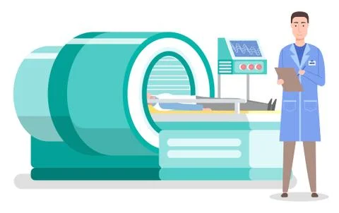 Laboratory diagnostics, man patient lying at tomography machine, smiling Stock Illustration