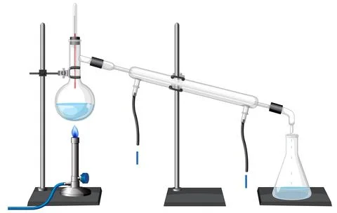 Laboratory Distillation Setup with Bunsen Burner and Glassware Illustration Stock Illustration